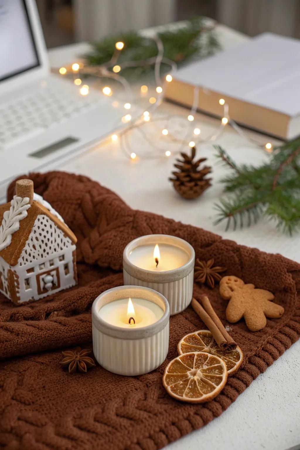 Infuse your workspace with the comforting scent of gingerbread for a cozy Christmas feel.