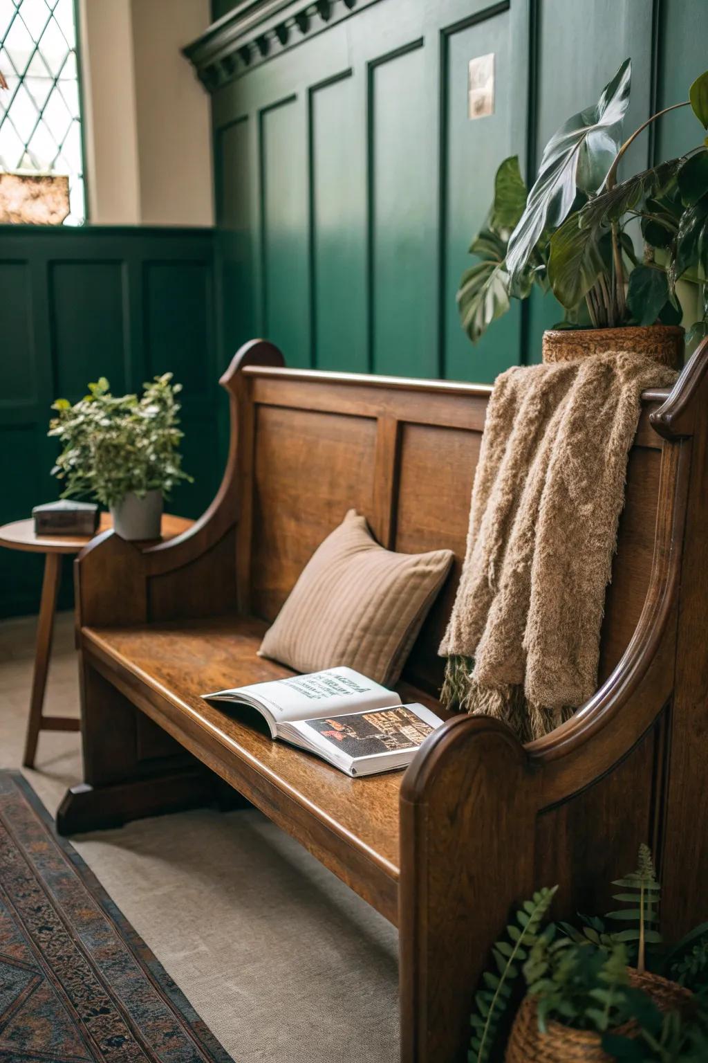 Enhance your home office with a church pew, creating a welcoming and professional waiting area.