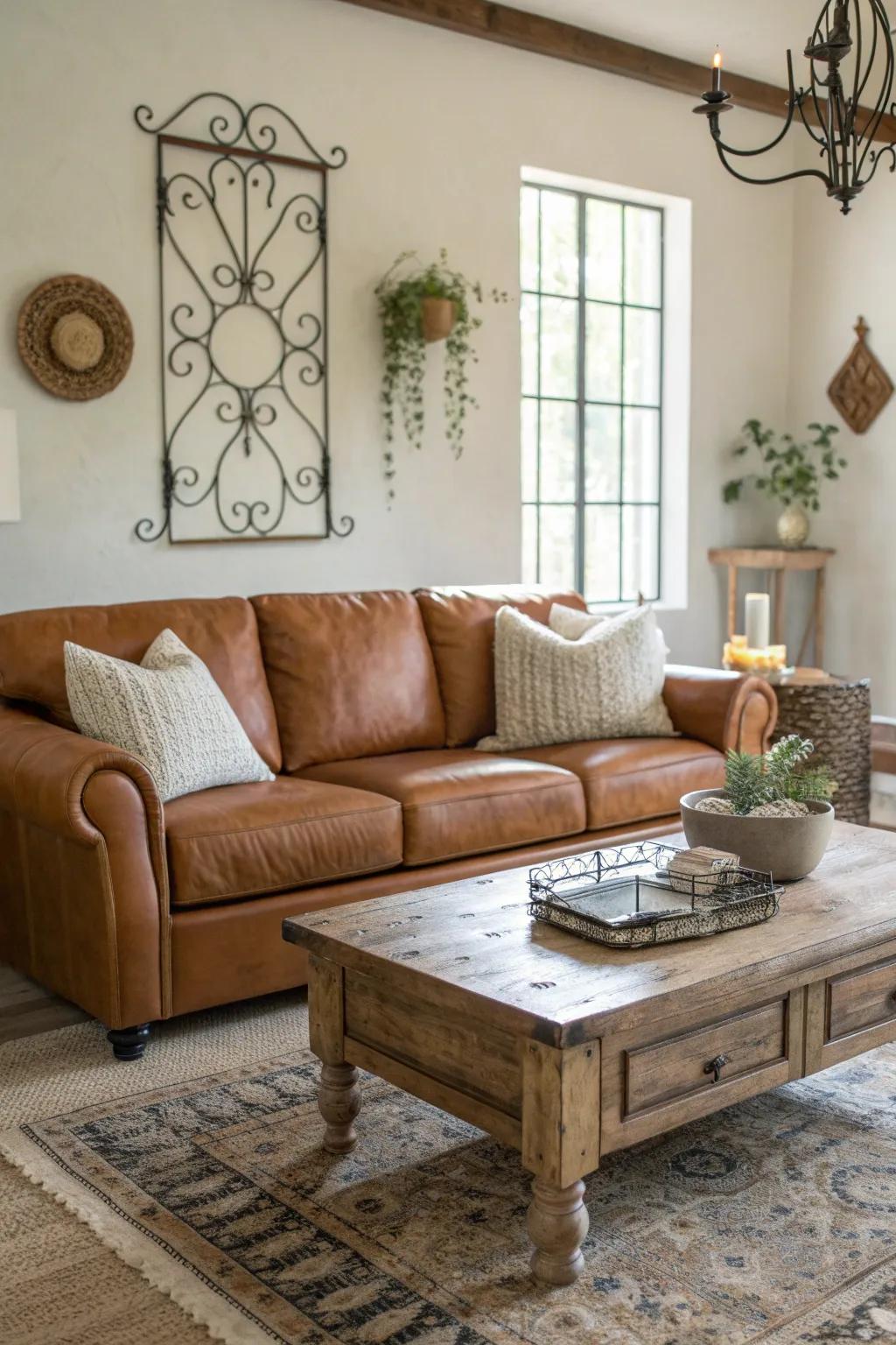 Embrace the cozy allure of rustic charm with decor that complements your cognac couch.