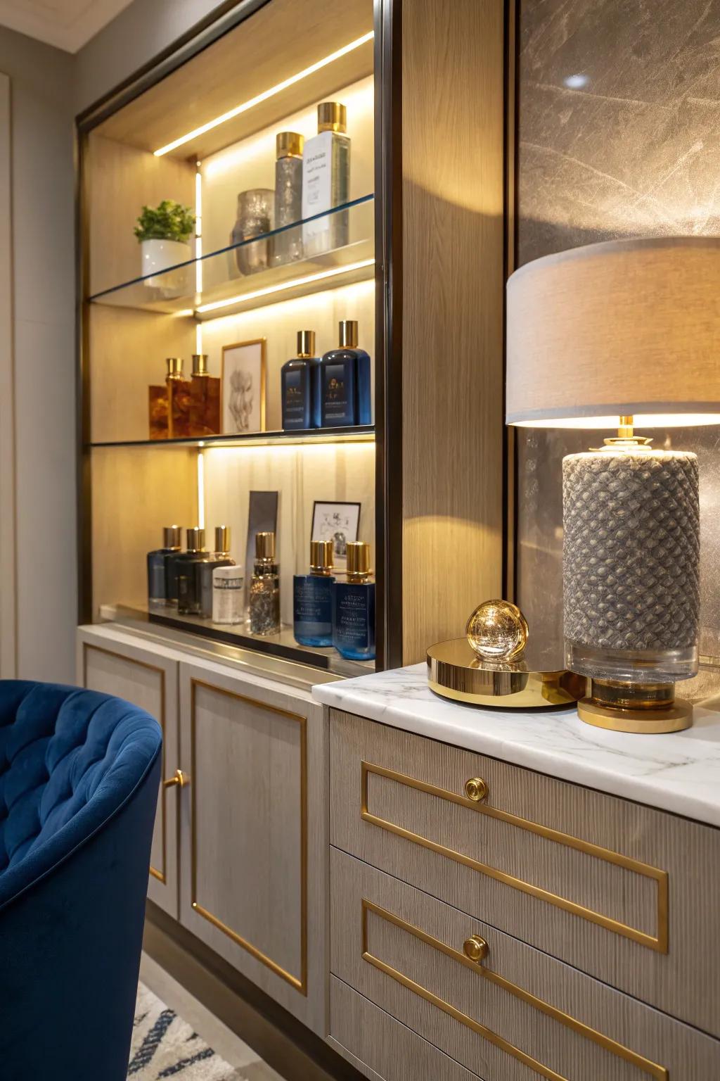 Keep surfaces clear and colognes accessible with under-shelf storage solutions.