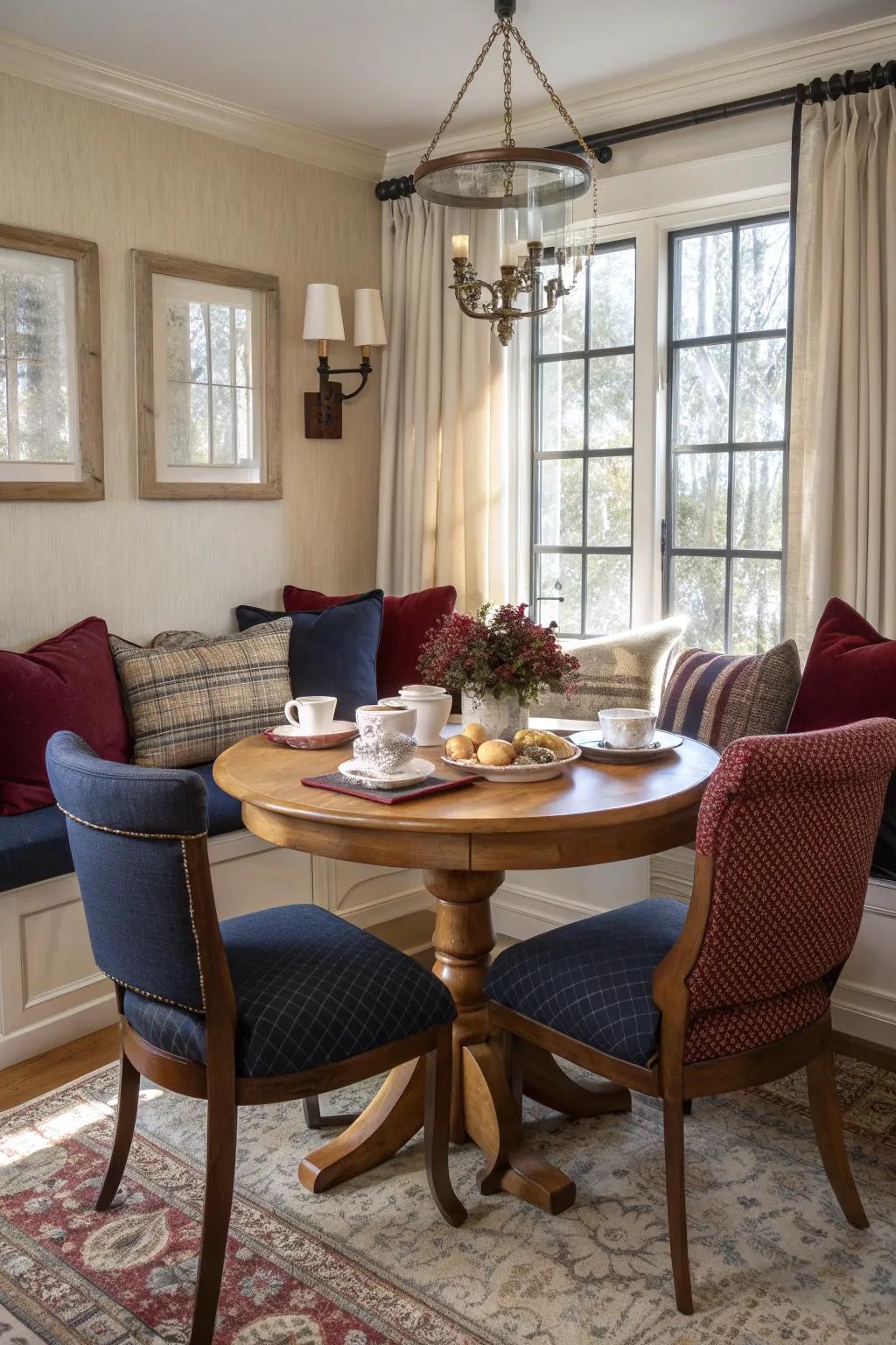 Enjoy morning meals in style with a breakfast nook that's both cozy and charming. ☕️#BreakfastNook #ColonialHome