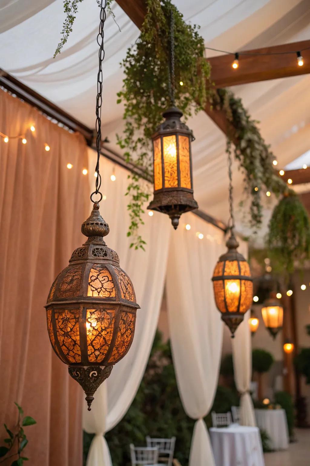 Enchant your guests with the whimsical glow of hanging lanterns.