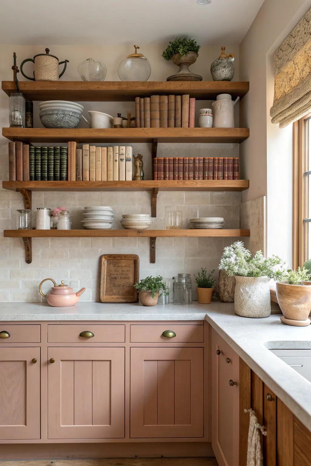 Open shelving lets your treasures shine. #OpenShelving #KitchenStyling