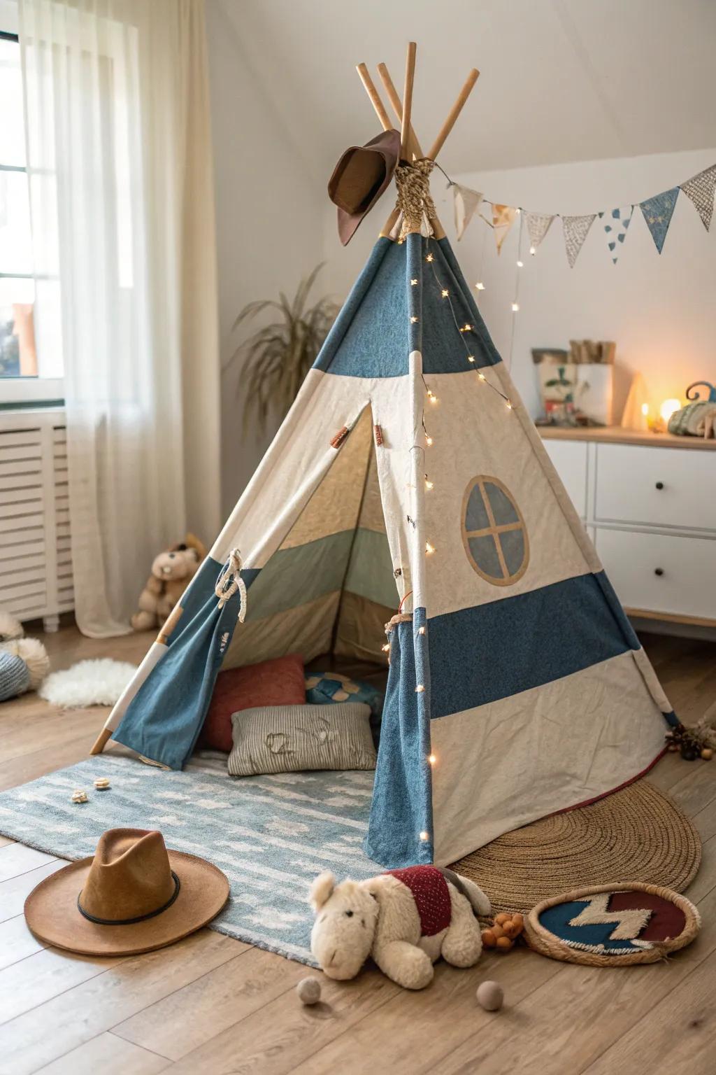 A teepee play area fosters imagination and complements a cowboy-themed nursery.