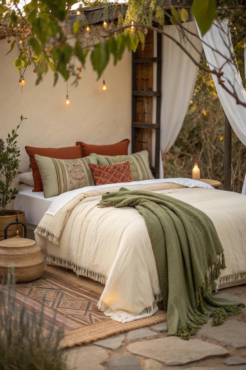 Earthy tones paired with cream bedding create a naturally soothing retreat.
