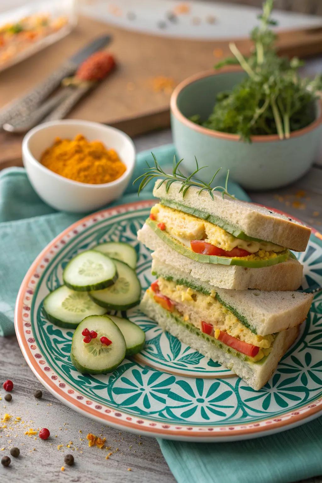 Spice up your sandwich game with curry-infused cucumber sandwiches.