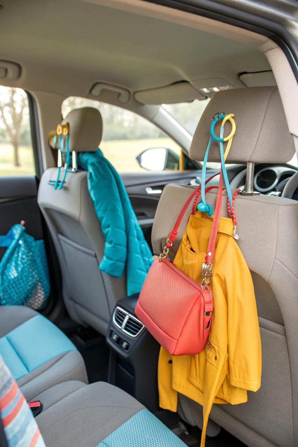 Combine style and practicality with decorative seat back hooks that keep your essentials in reach.