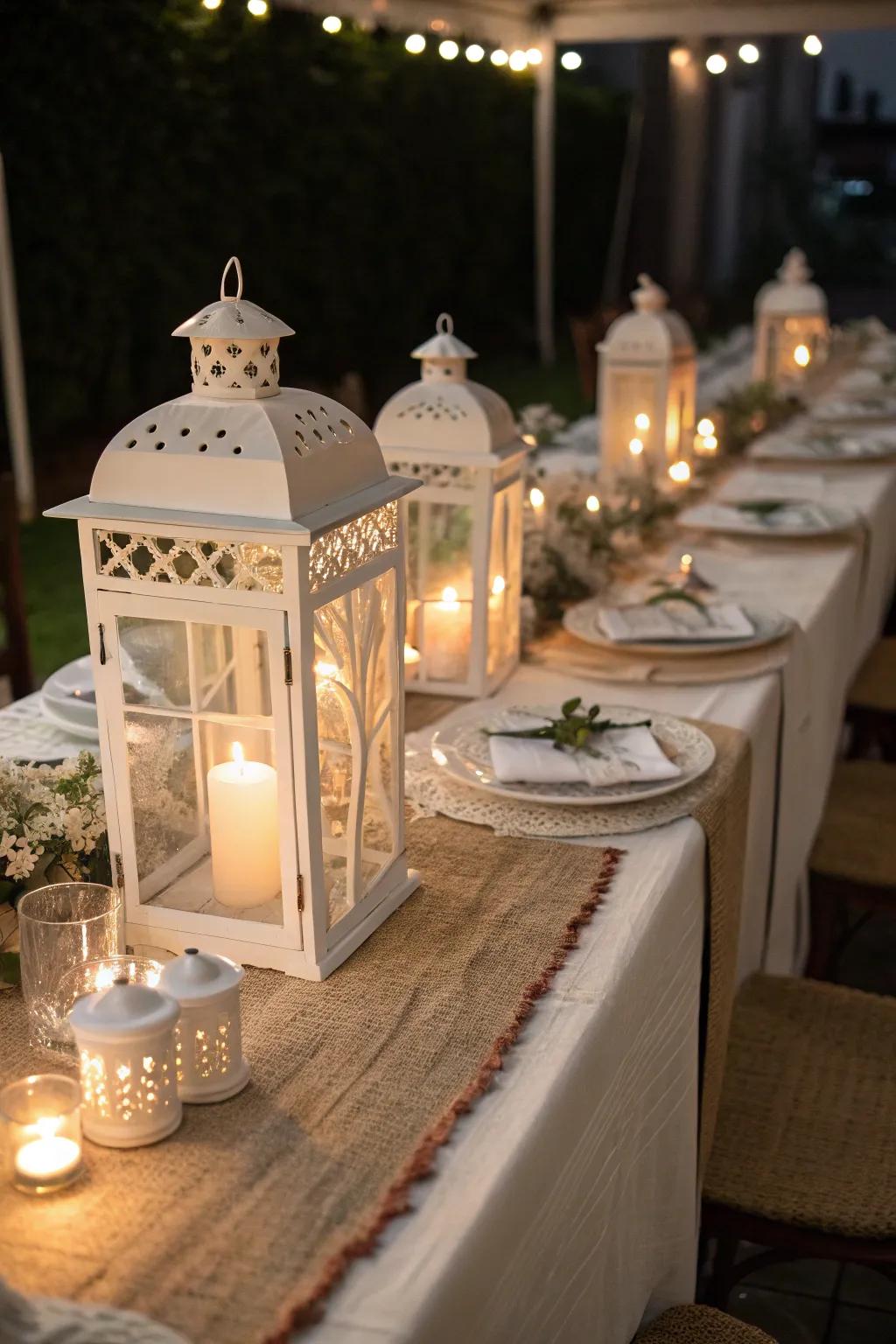 White lanterns create a cozy, intimate atmosphere that's perfect for any dinner.