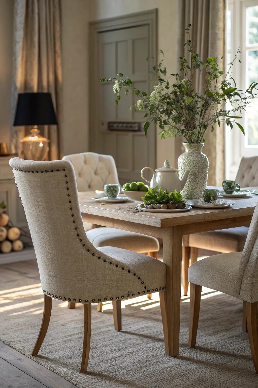 Experience the elegance and comfort of natural linen upholstery in your dining room.