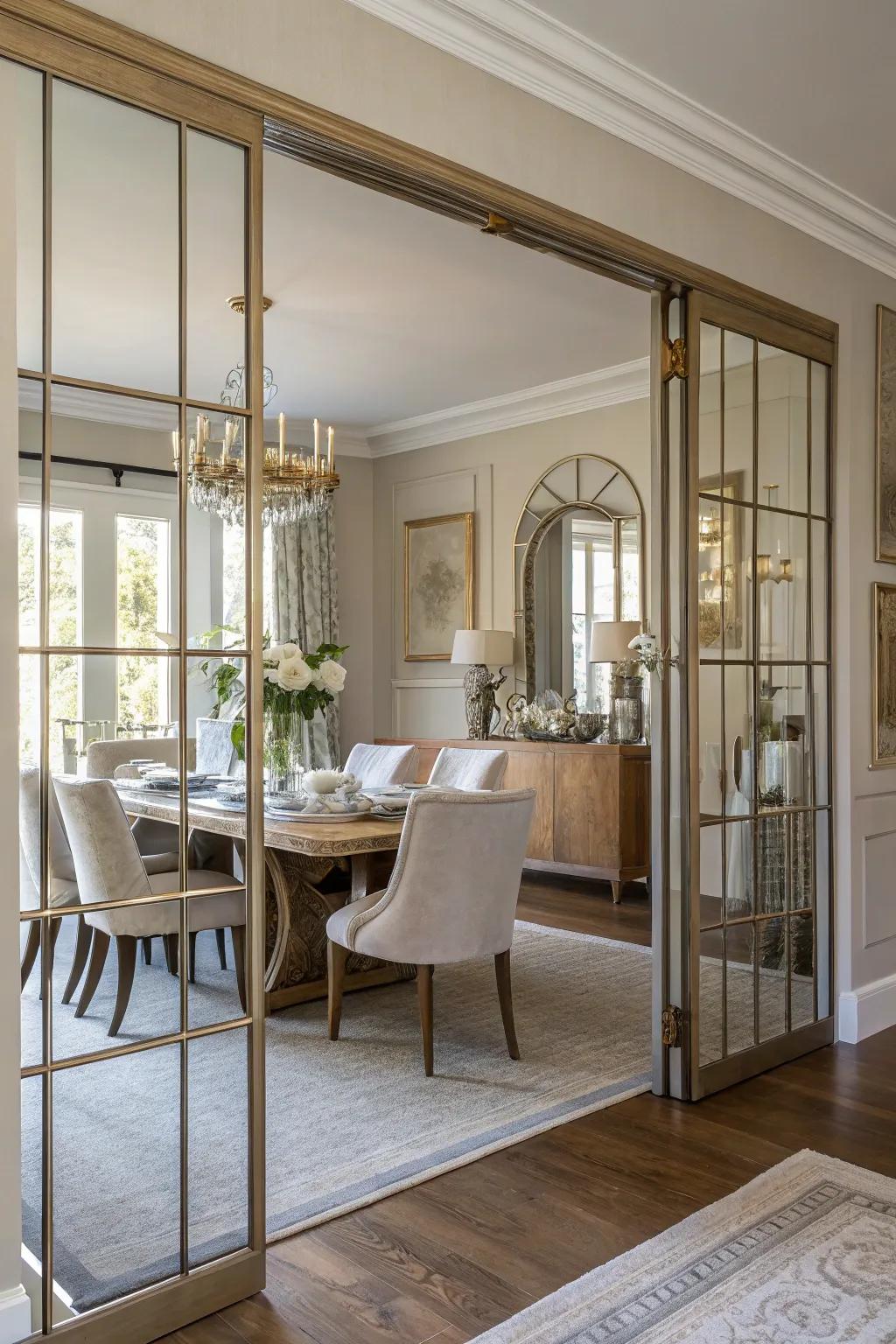 Expand your dining room visually with mirror doors that reflect elegance.