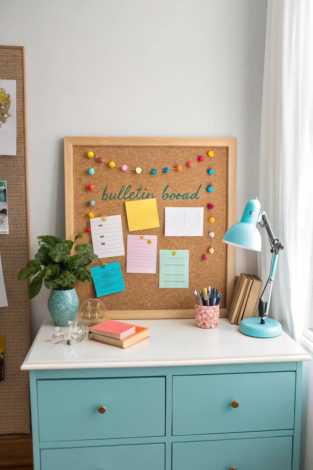 Add personality to your dresser with a bulletin board, a space for inspiration and memories. 📌 #CreativeSpaces #Inspiration