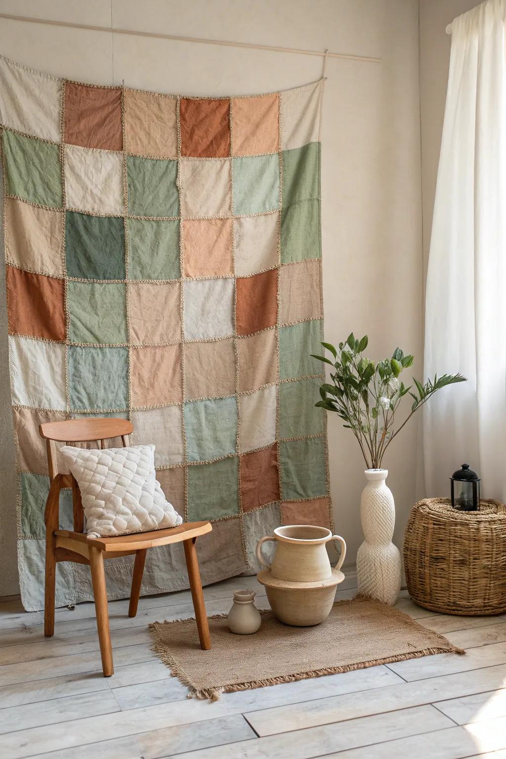 Embrace sustainable style with a patchwork fabric backdrop that's both eco-friendly and charming. 🌿 #SustainableDecor #EcoFriendly