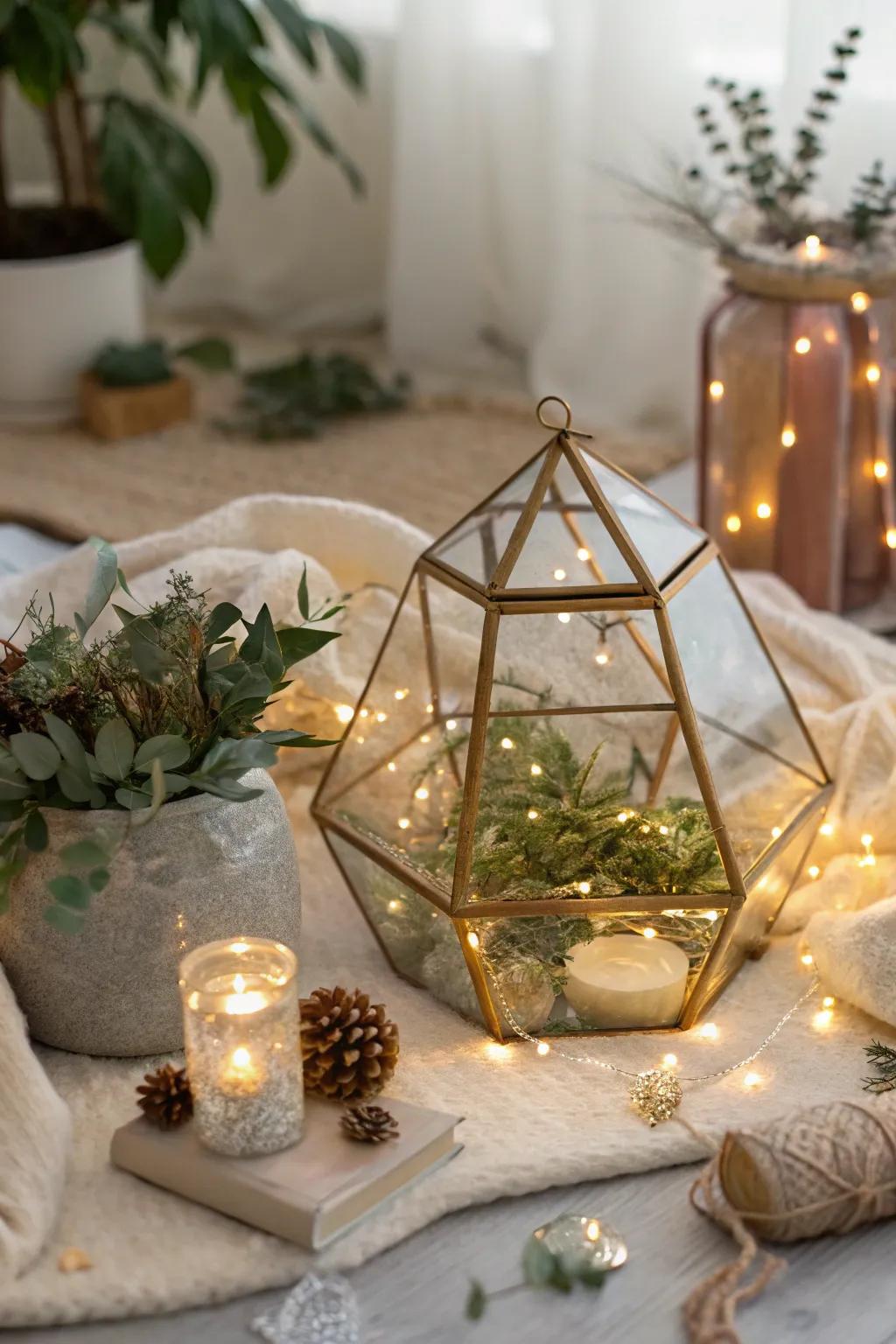 Modern meets magical with a geometric terrarium filled with fairy lights.