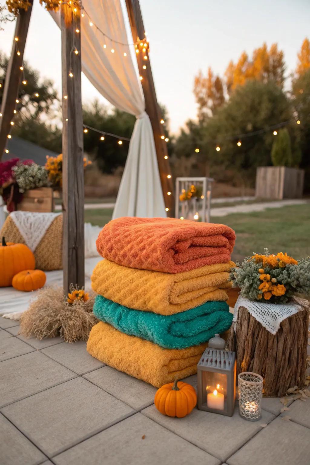Offer warmth and comfort with a cozy blanket station for your guests.