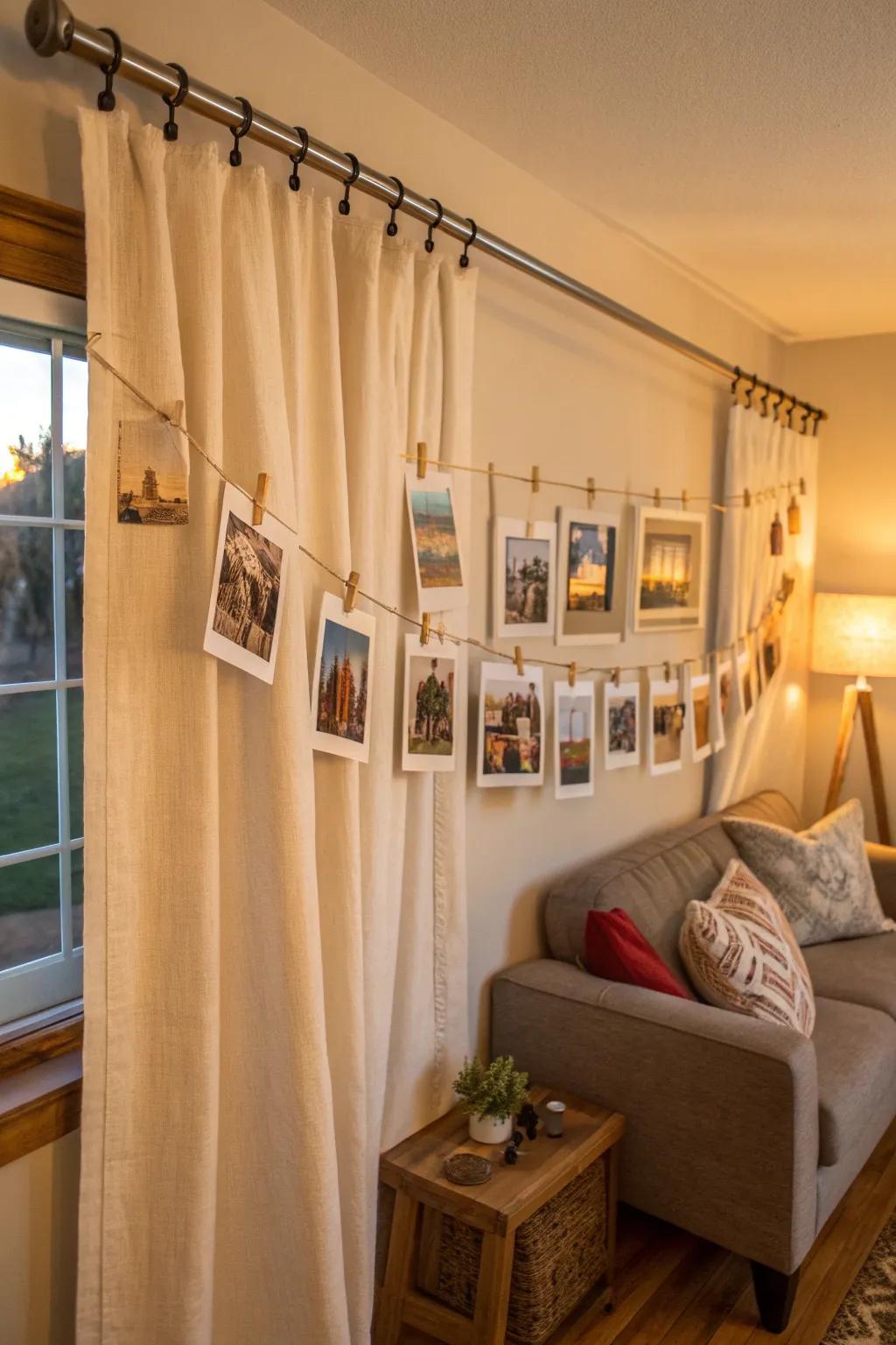 Get creative with a curtain rod photo display for an easy, changeable setup. 🎨 #CreativeDecor #FamilyWall