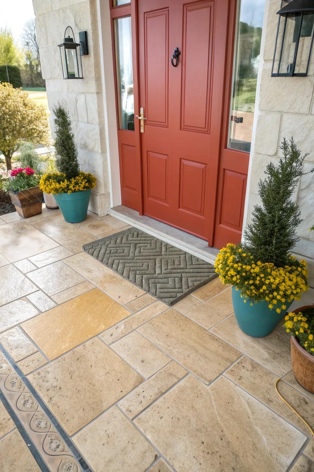 Travertine tiles offer timeless elegance, perfect for a classic and refined entry.