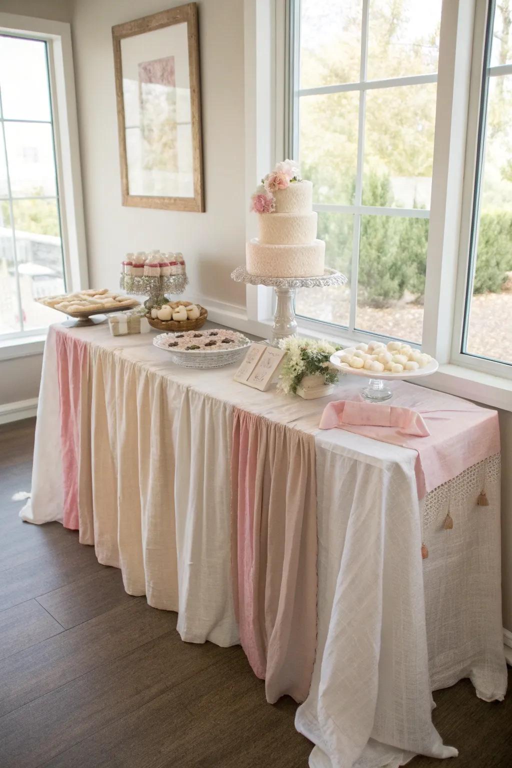 Layered tablecloths add a touch of elegance and depth, enhancing your candy table's visual appeal.