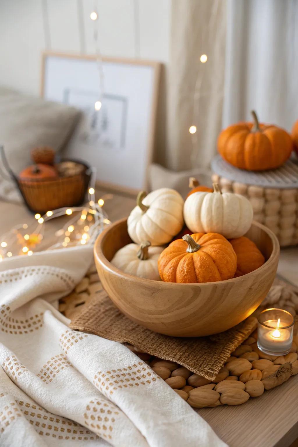 Bring the charm of fall indoors with a delightful display of mini pumpkins.