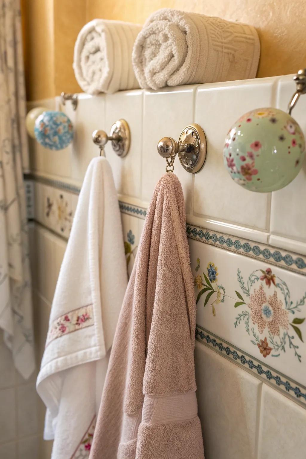 Turn towels into art with decorative knobs for a playful touch.