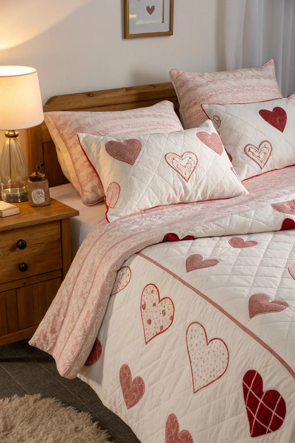 Bring warmth and love to your bedroom with a heart-themed bedspread.