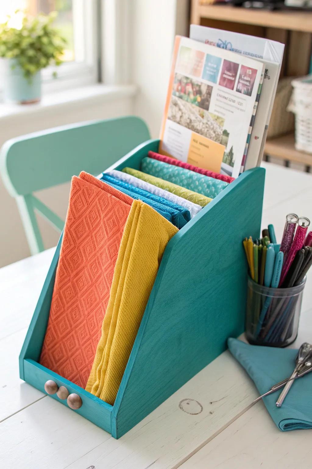 Keep your napkins organized with a magazine holder turned storage solution.