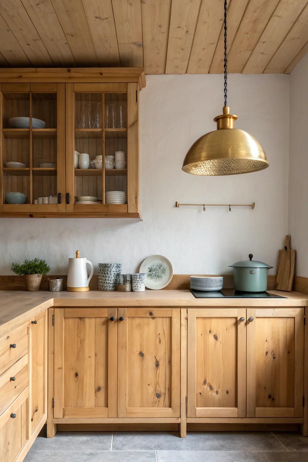 Illuminate your kitchen with statement lighting that complements knotty pine's natural charm.