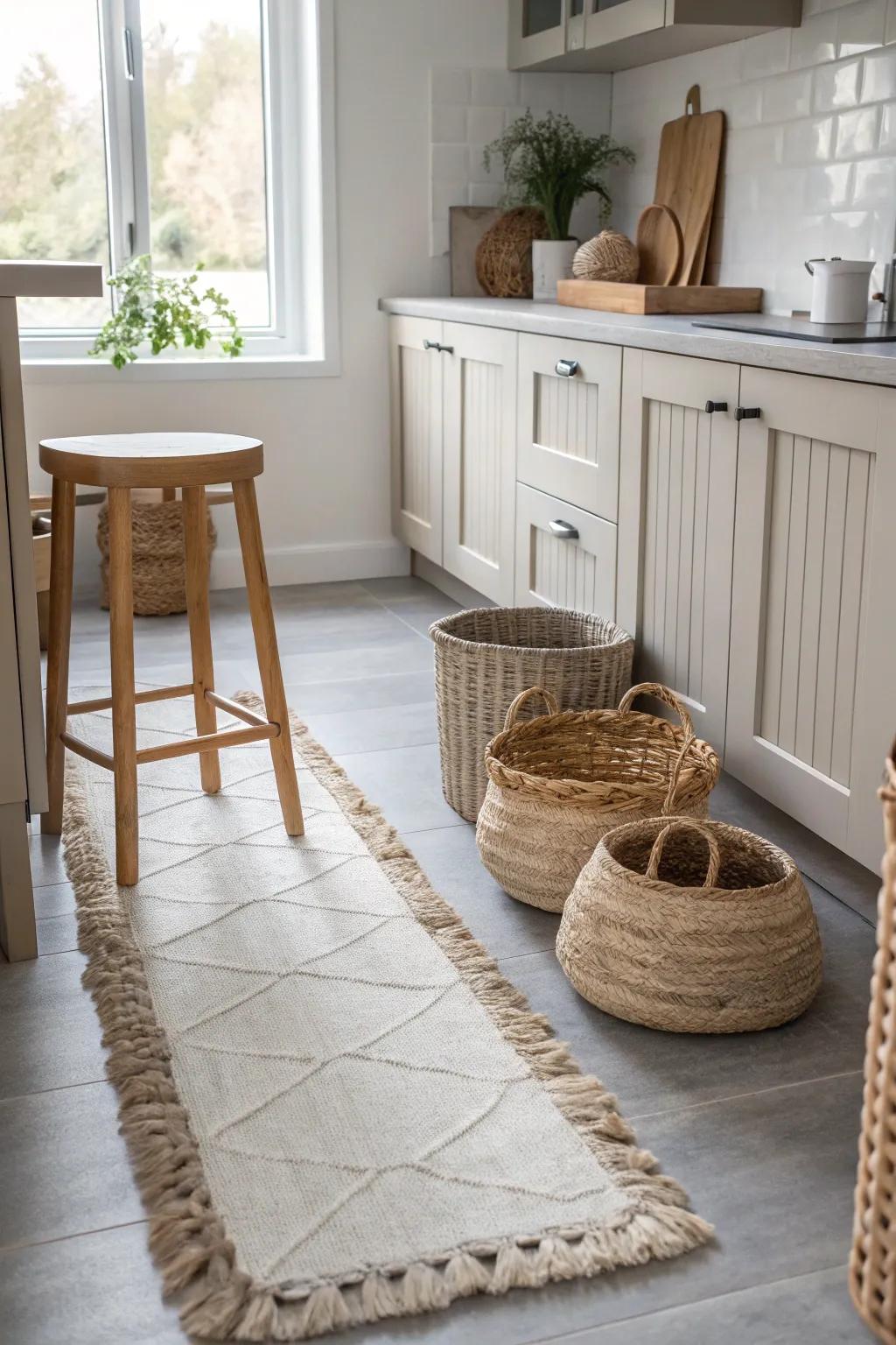 Layered textures add warmth and personality to kitchens with light grey floors.