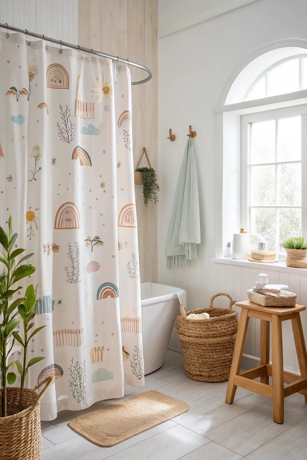 A custom shower curtain turns a simple bathroom into a playful escape.