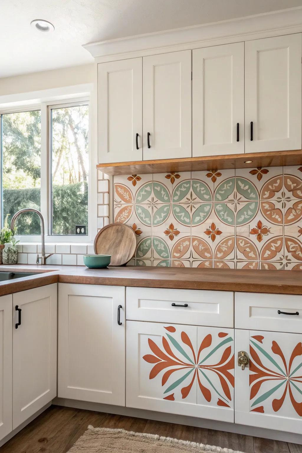 Express your creativity with artistic hand-painted tiles that add a personal touch to your kitchen.