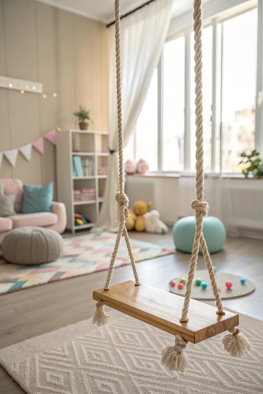 Bring outdoor fun inside with a swing that adds movement and joy to playtime.