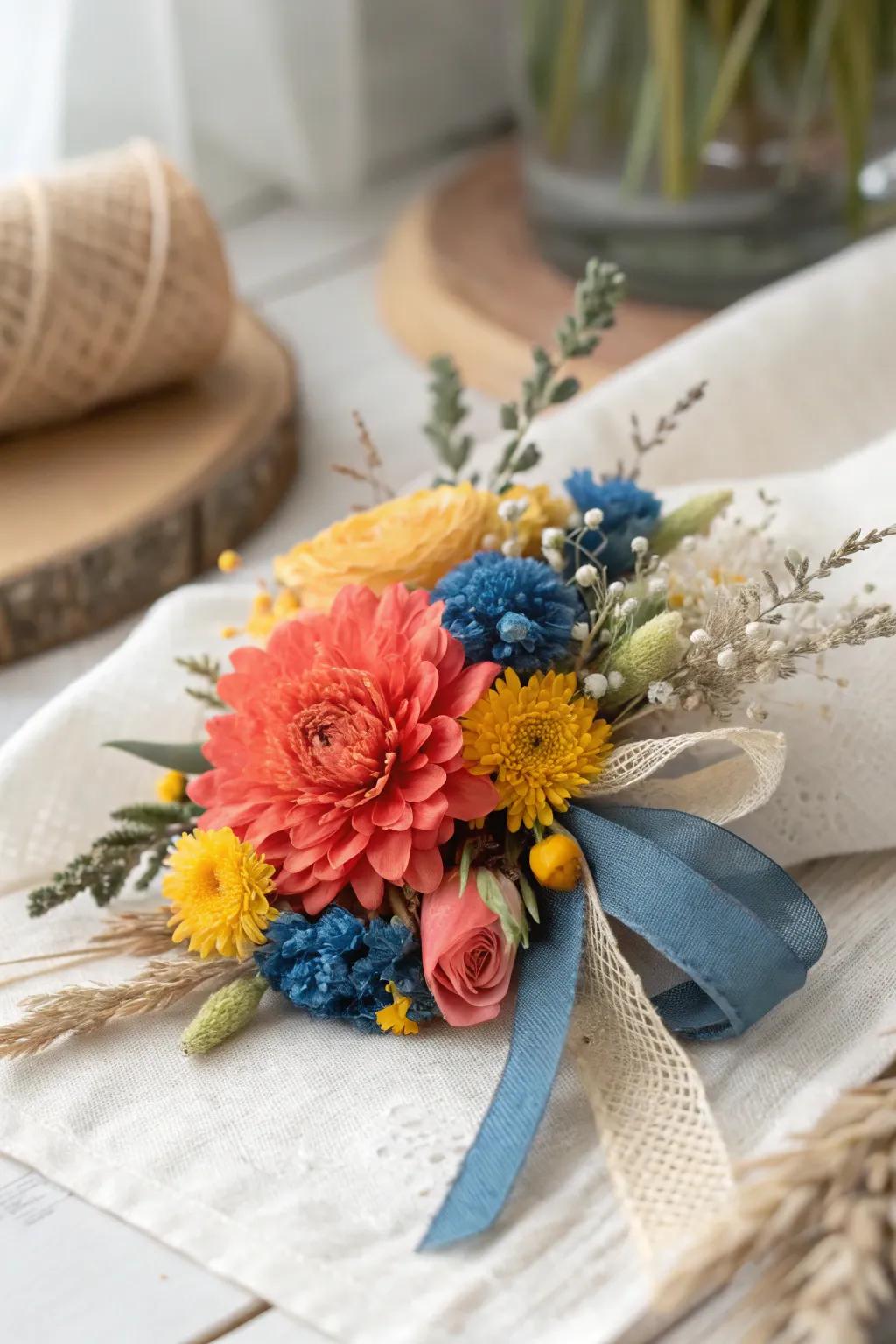Artistic and unique, a pressed flower corsage captures nature's beauty.