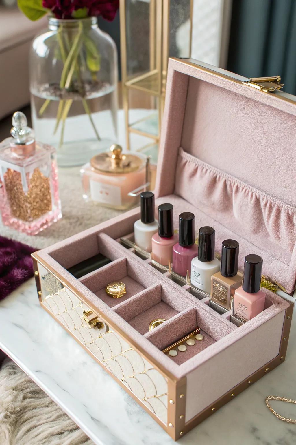 Revamp a jewelry box into a unique polish organizer that adds a touch of luxury to your decor.