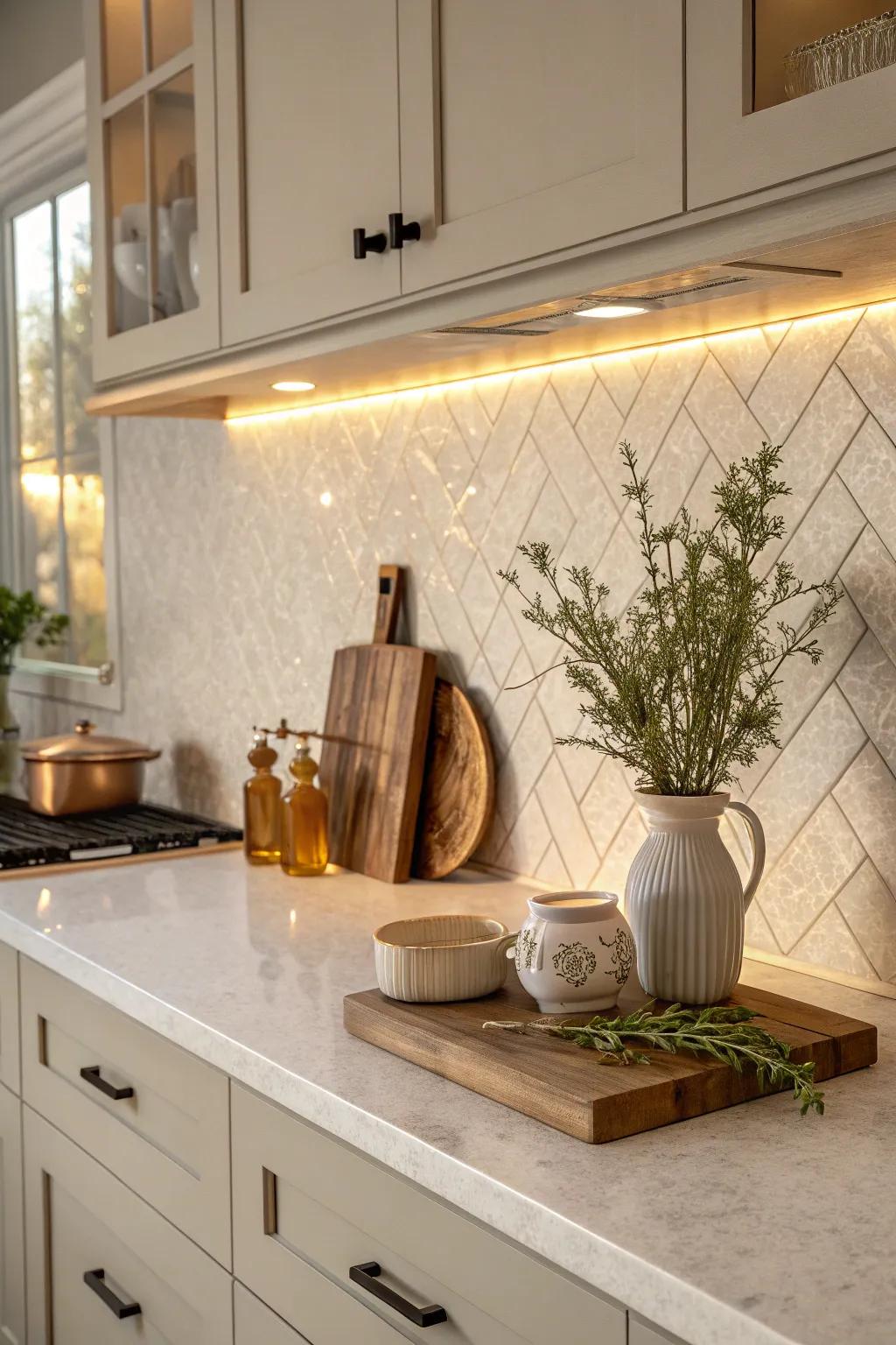 Quartz slabs create a seamless transition from counter to wall, offering a polished finish.