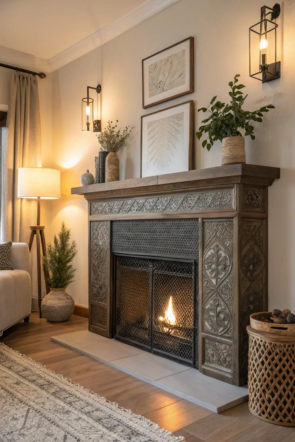 Textured metal mantels add character and charm to eclectic spaces.