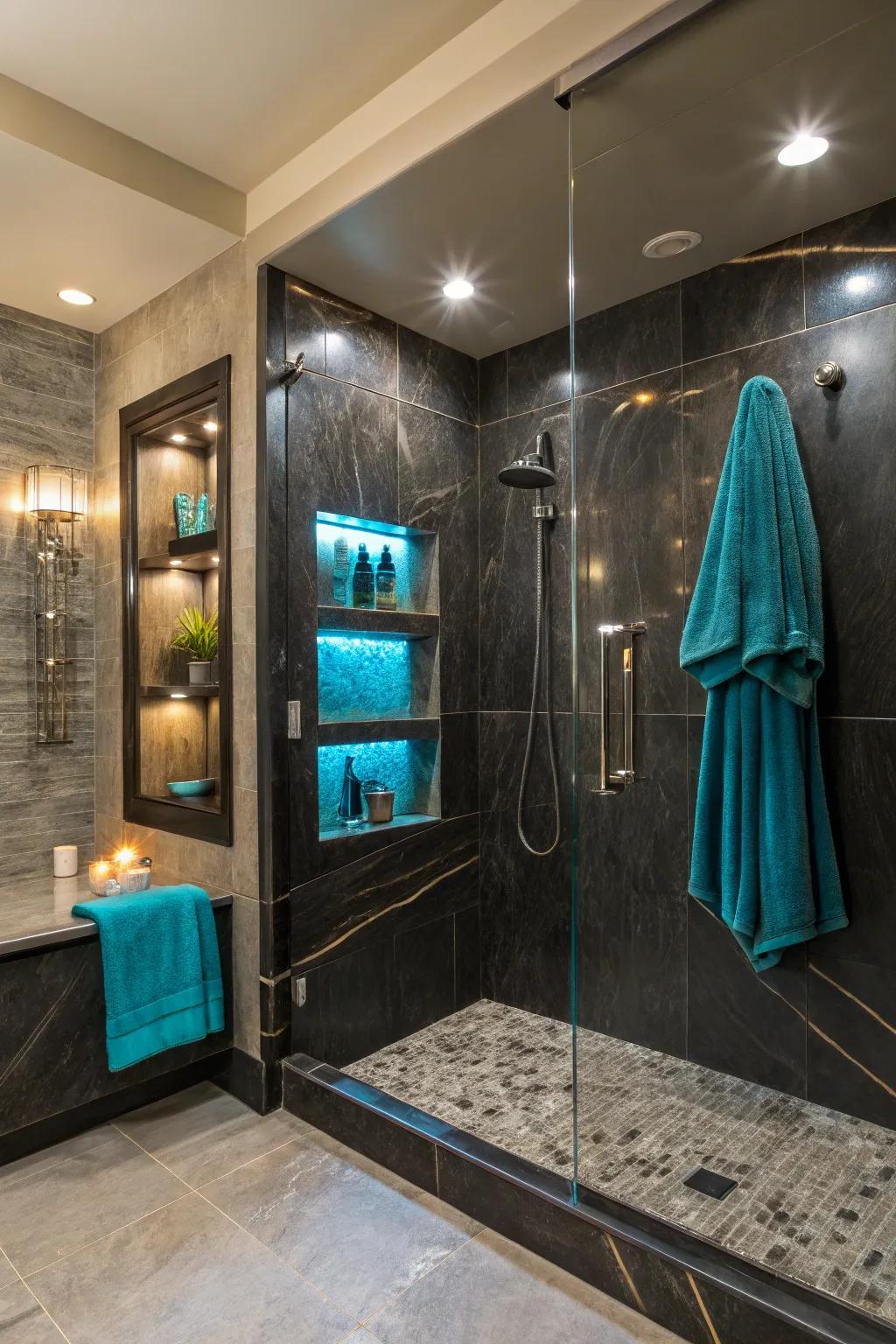 Combine style and function with onyx shower niches that offer seamless storage.