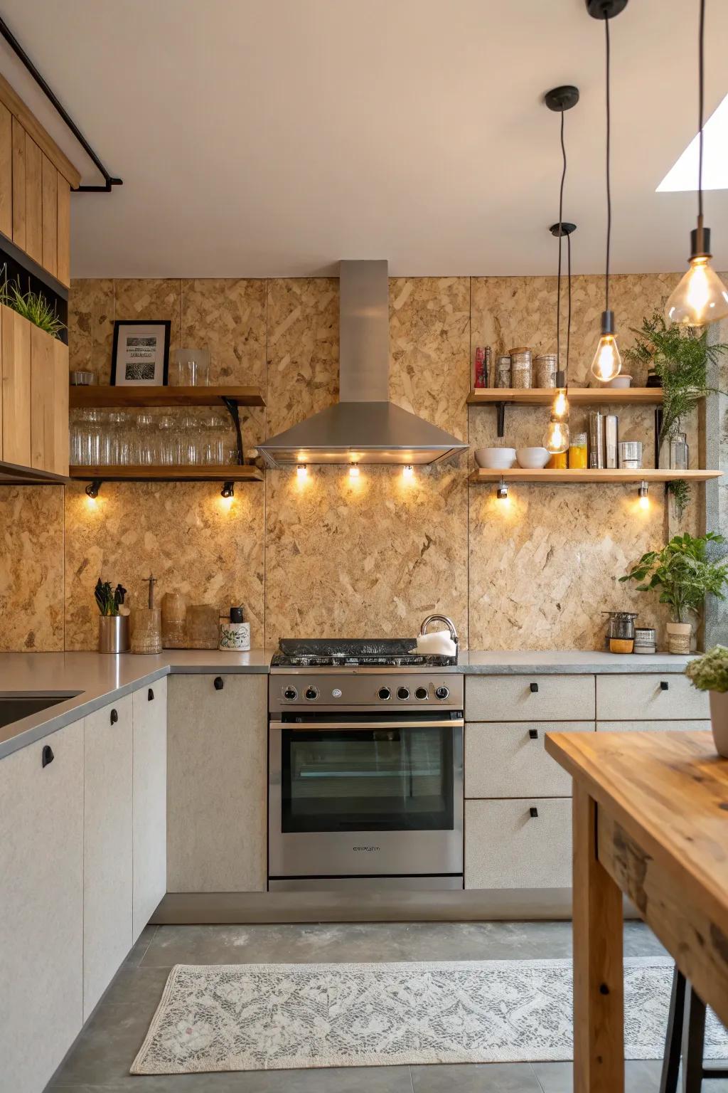 An OSB board backsplash brings a touch of uniqueness to modern kitchens. 🍽️ #KitchenDesign #OSBStyle