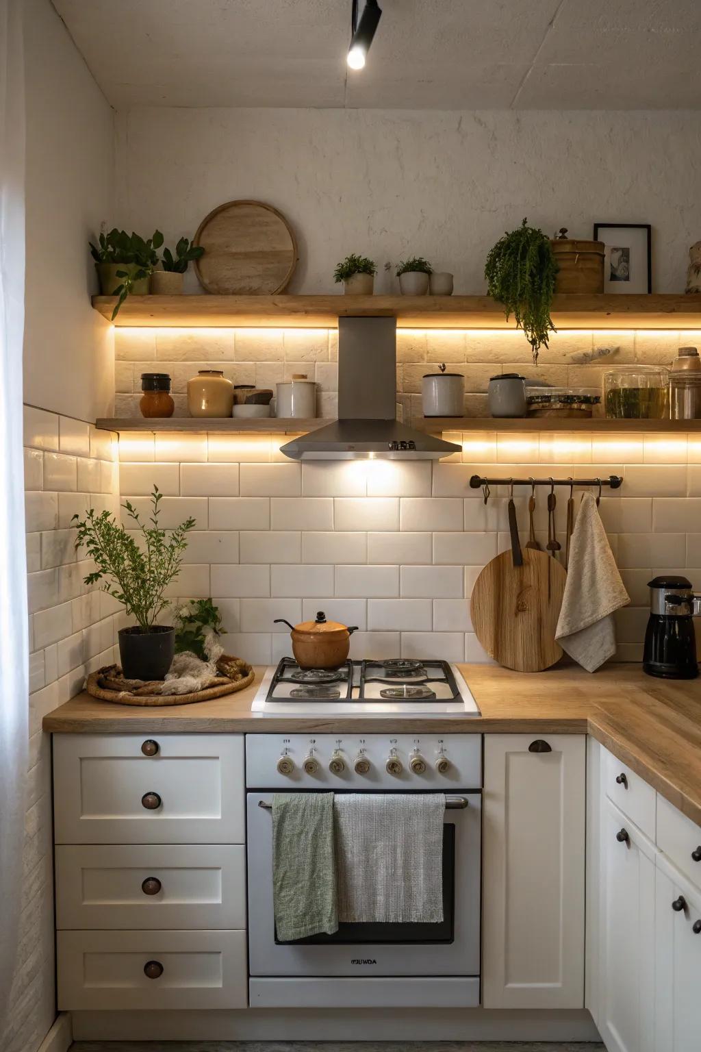 Add depth and dimension to your kitchen with under-shelf lighting that highlights your stove area.