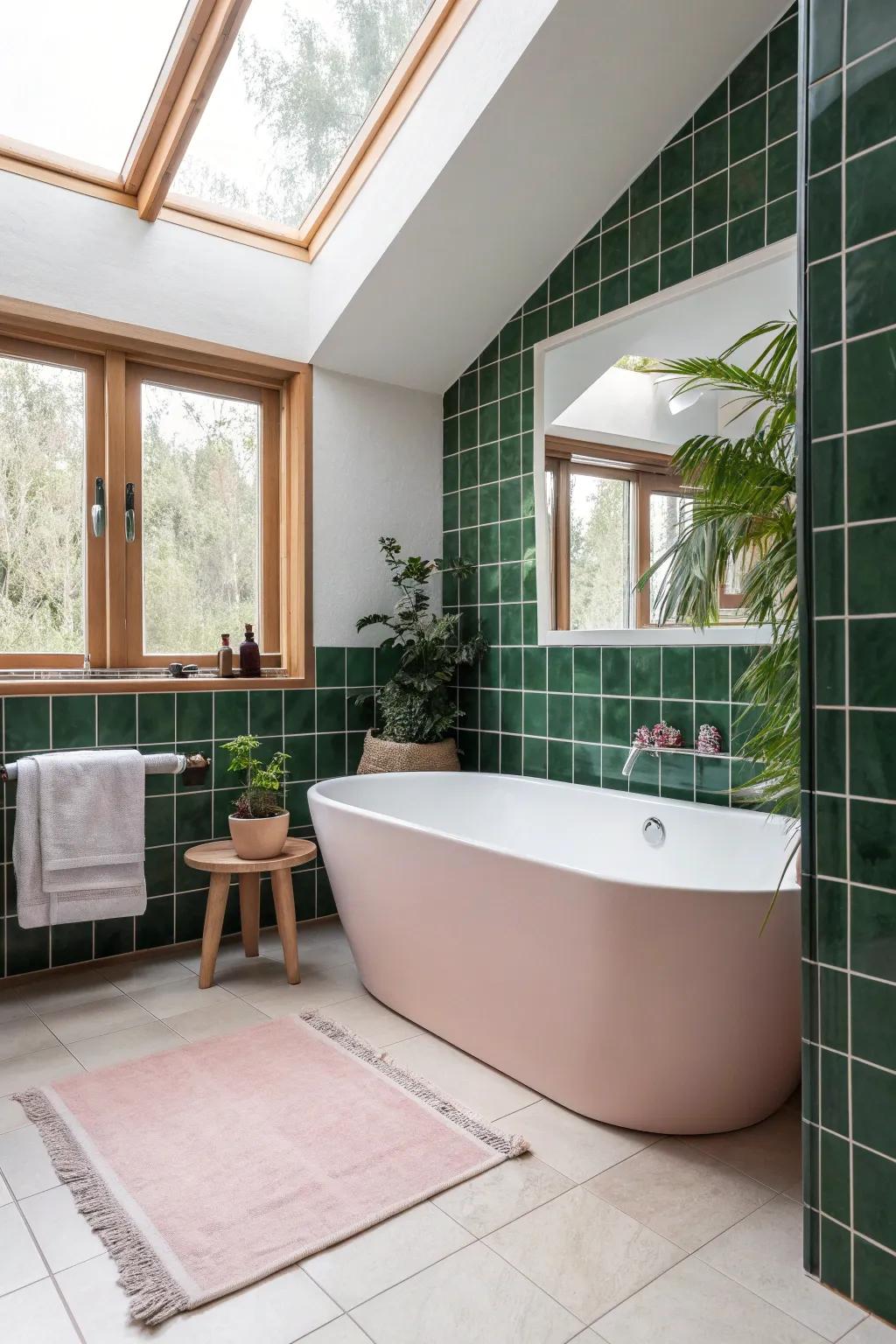 Create drama with contrasting soft pink and deep green for a bold bathroom transformation.