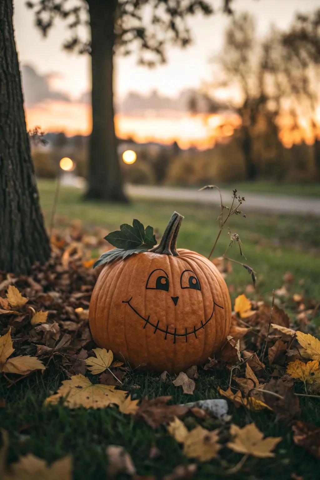 Nature meets creativity with leafy eyebrows that blend your pumpkin seamlessly into the autumn setting.