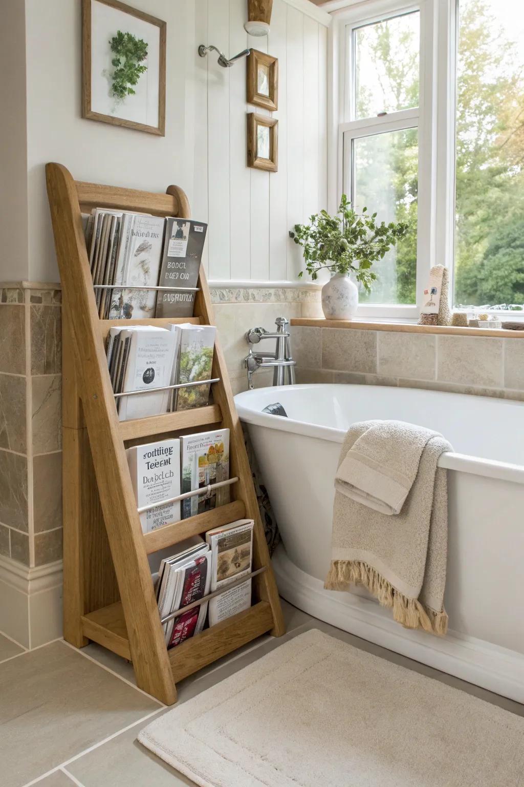 Enjoy a leisurely soak with a recessed magazine rack that keeps your favorite reads close.