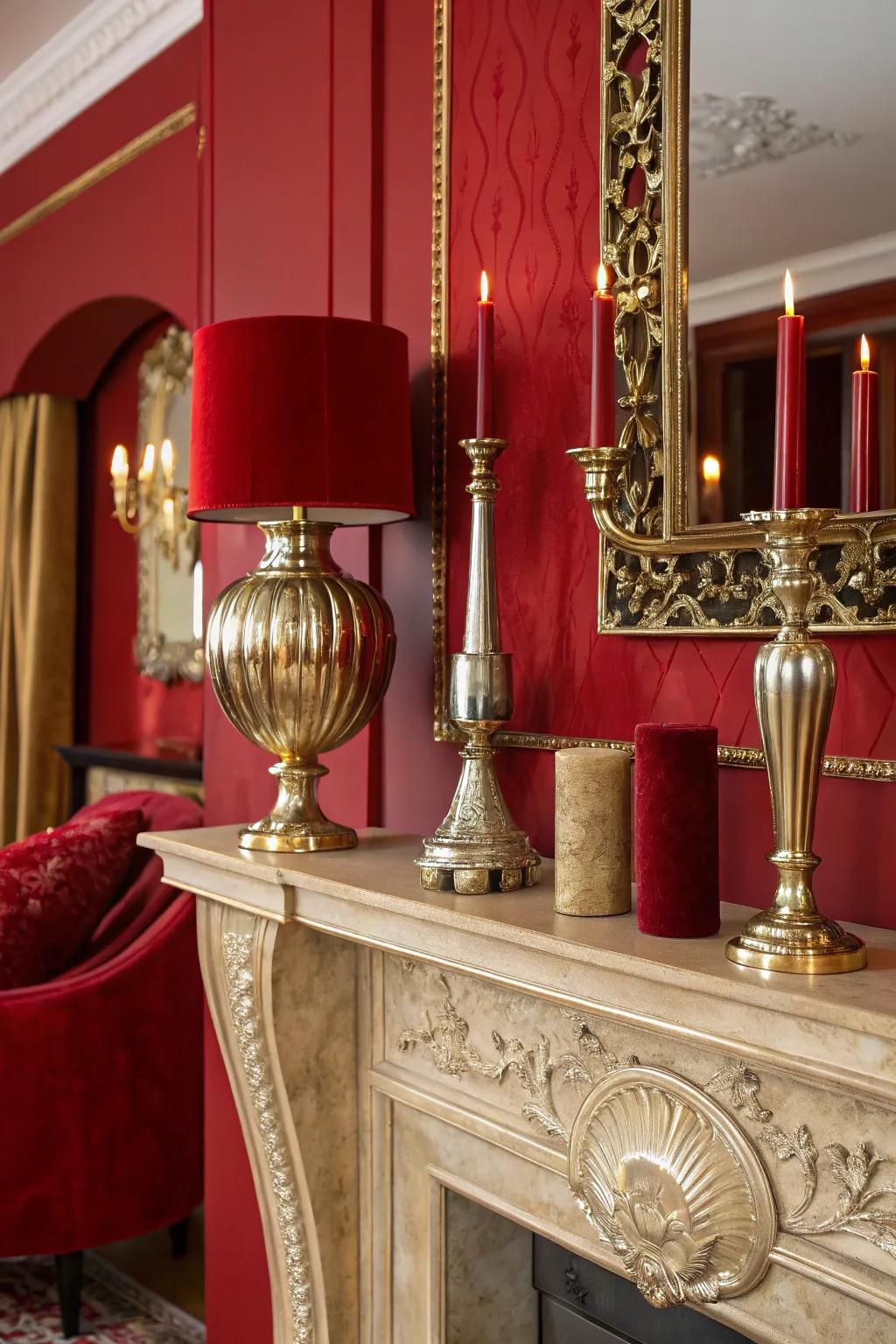 Gold accents on the fireplace mantel add a touch of opulence and warmth.
