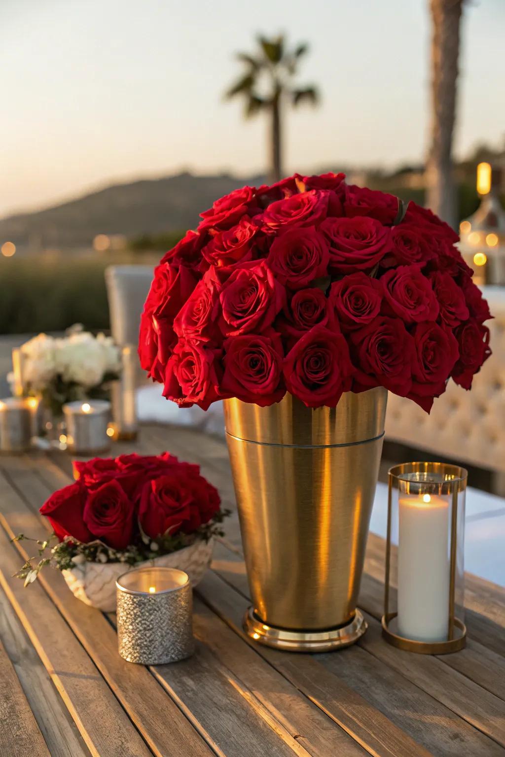 Modern meets classic with metallic accents and red roses.