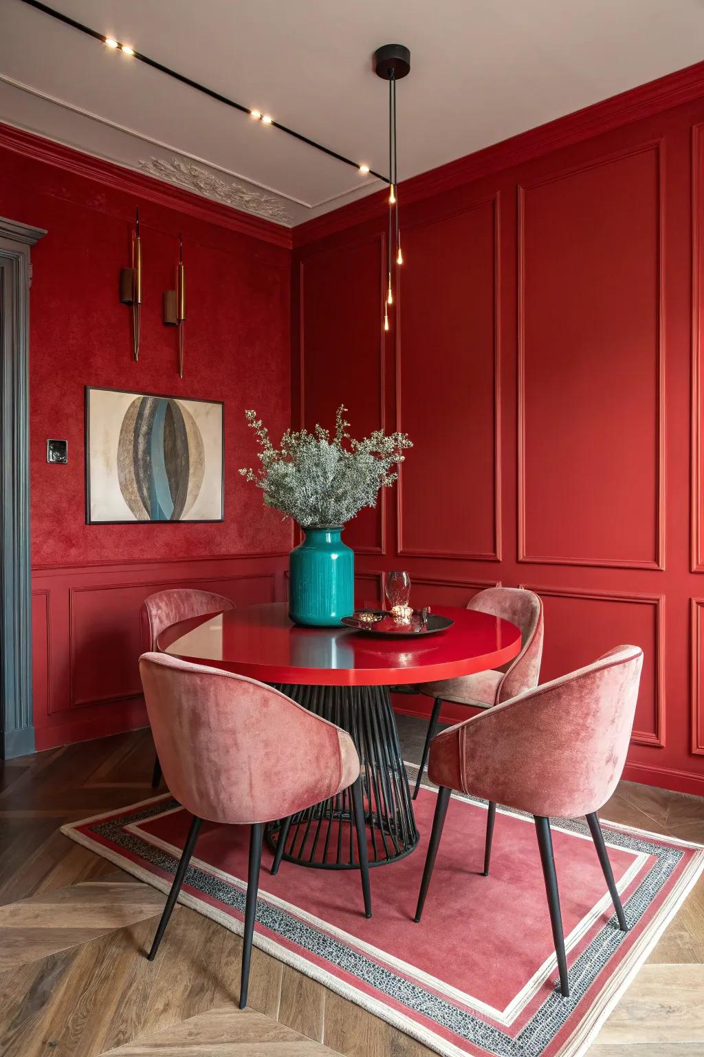 Balancing red with neutrals creates a harmonious and elegant dining space.