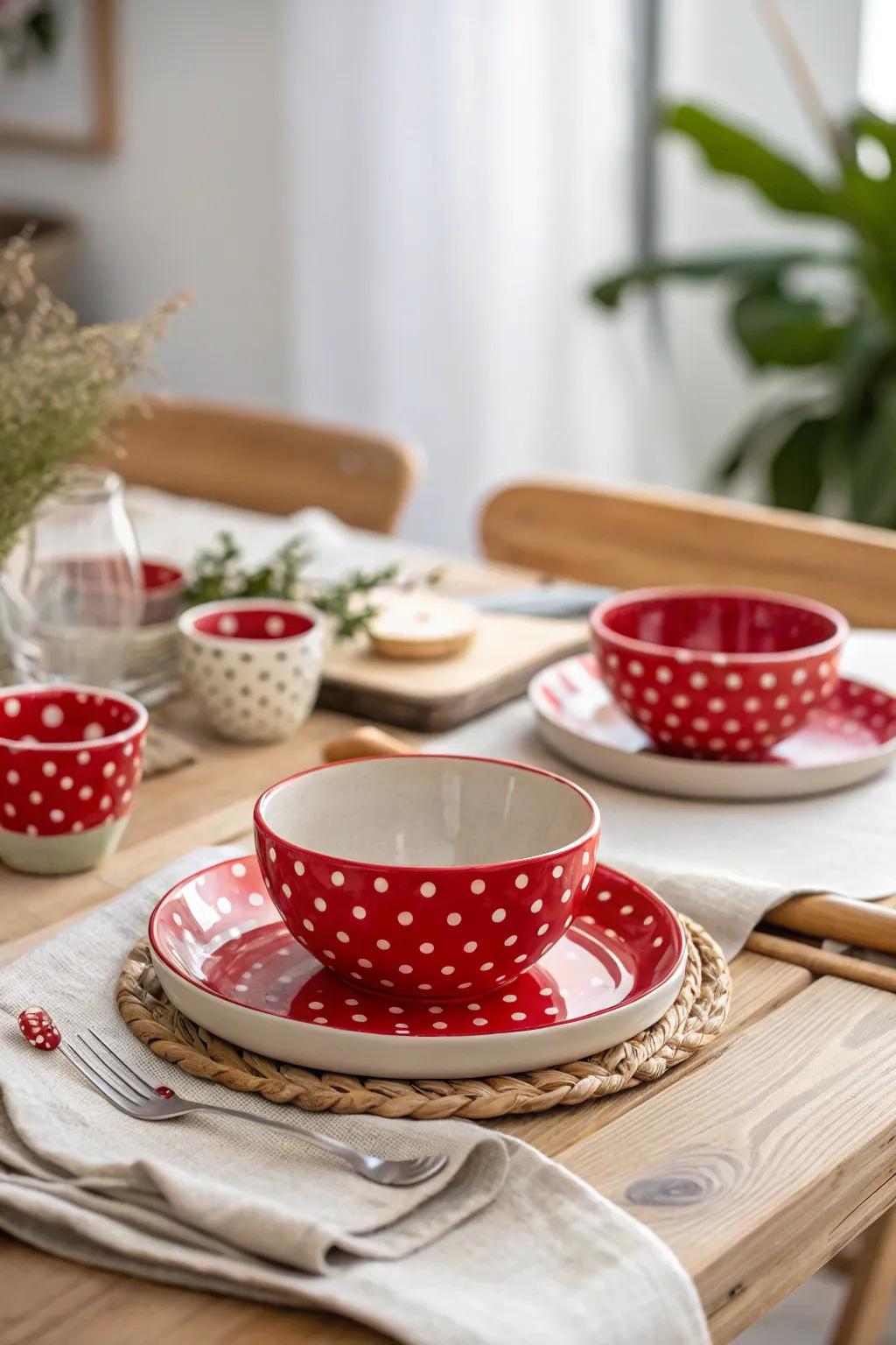 Polka dots bring a whimsical touch to your table, perfect for casual gatherings.