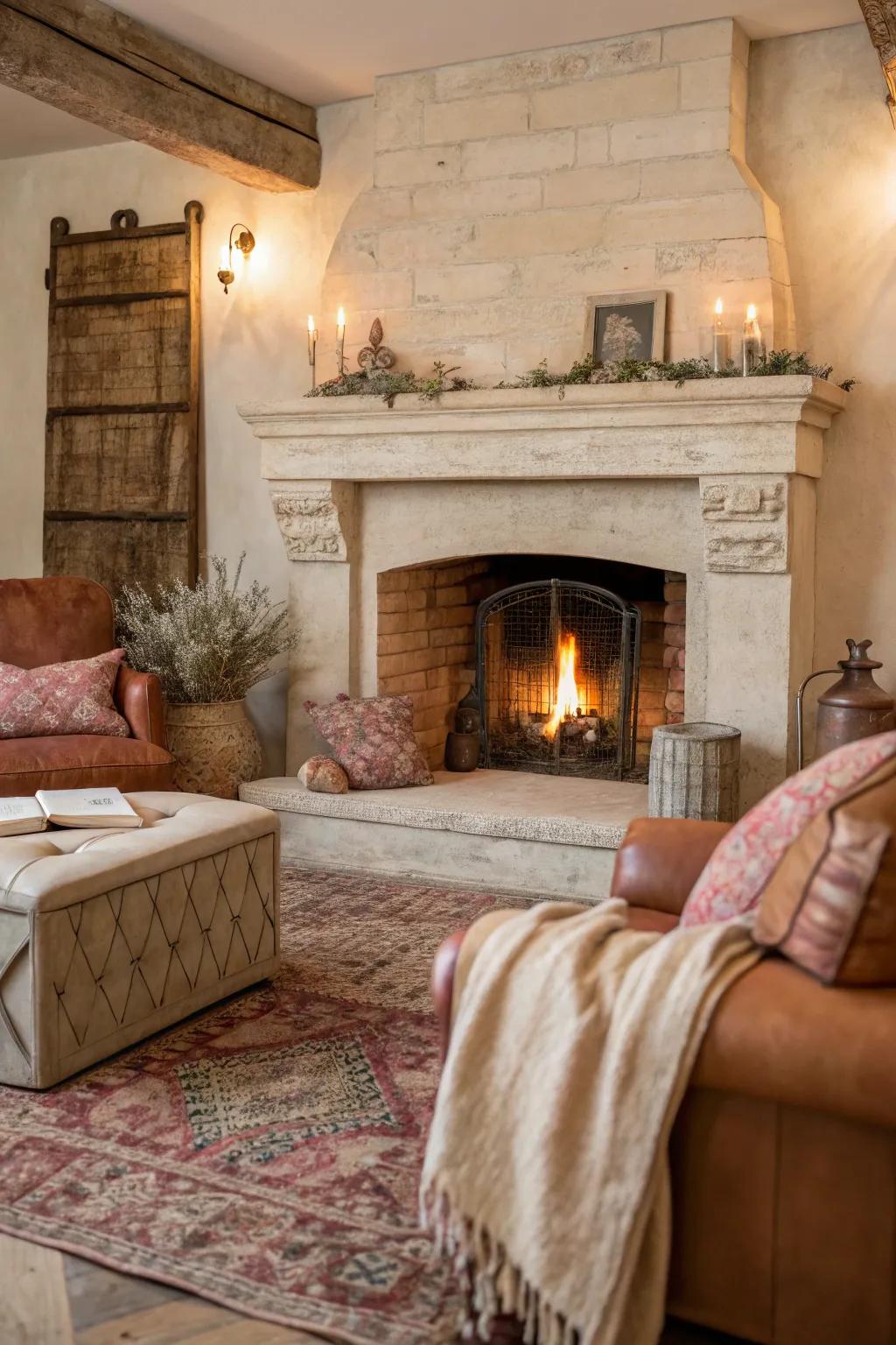 Plaster finishes add a sleek and timeless touch to rustic fireplaces.