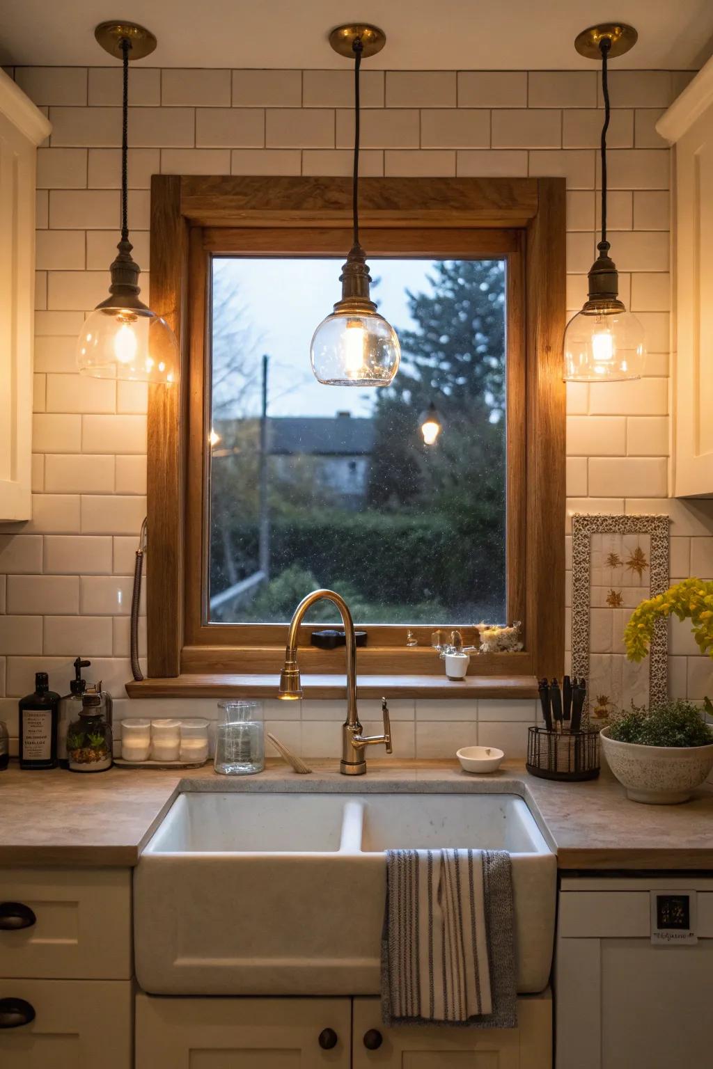 Illuminate your kitchen with pendant lights that add warmth and style. #LightingDesign #CozyKitchen 💡