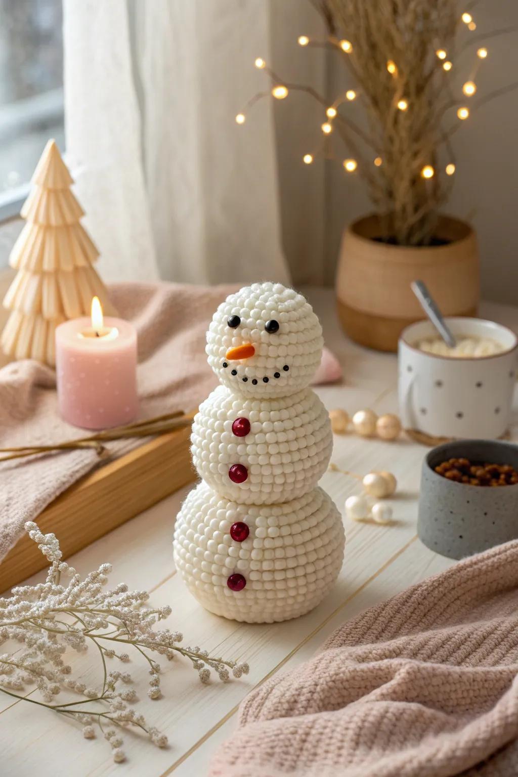 Beads add a delicate, intricate touch to your snowman's smile.