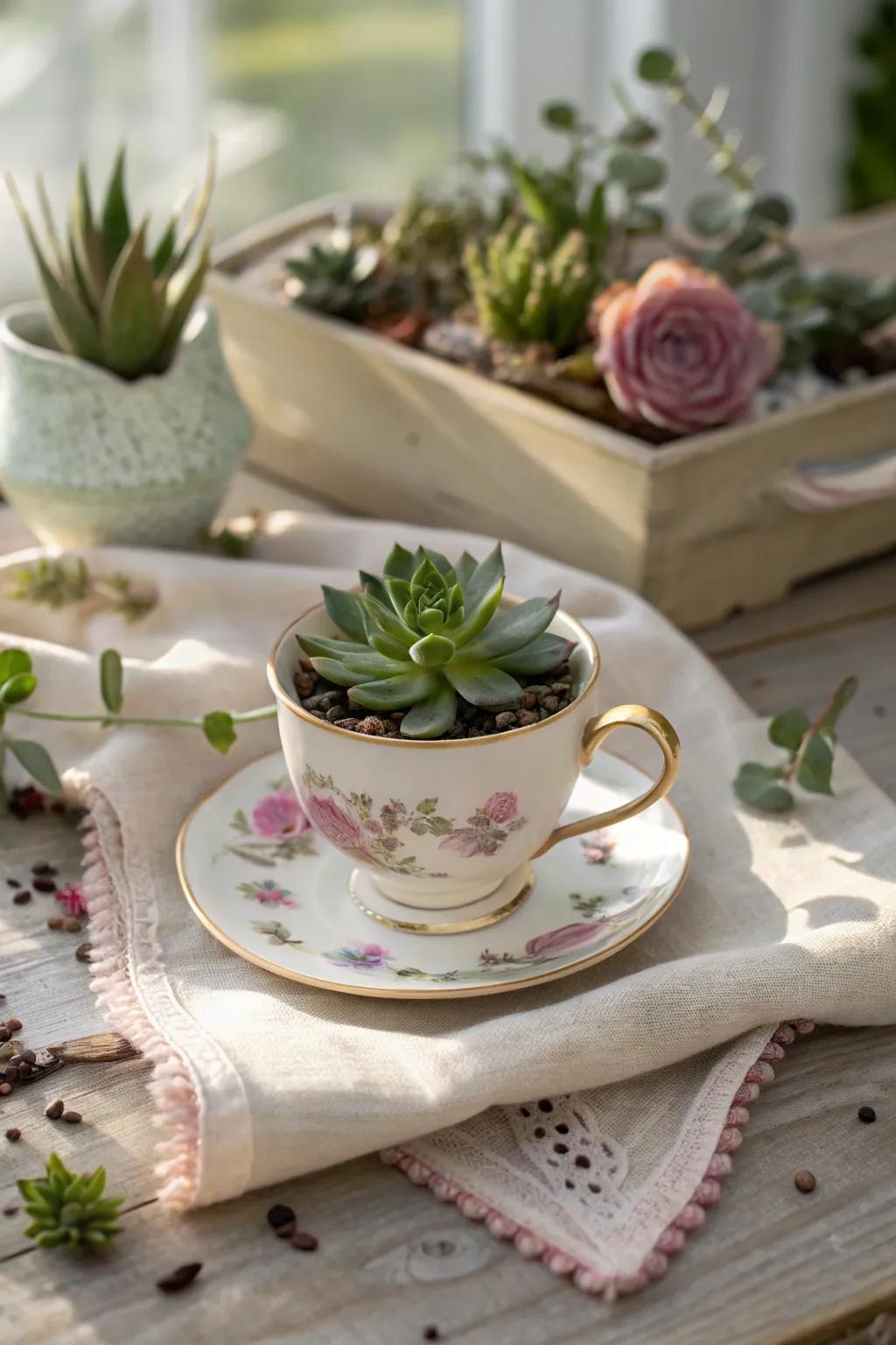 Turn heirloom tea cups into charming succulent planters that add a touch of nostalgia and elegance to your home.