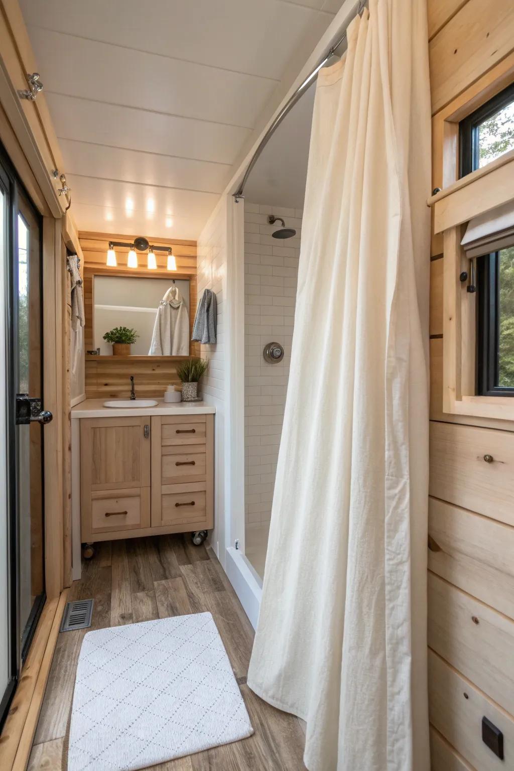 Enjoy versatility with flexible shower curtains that adapt to your tiny bathroom's needs.