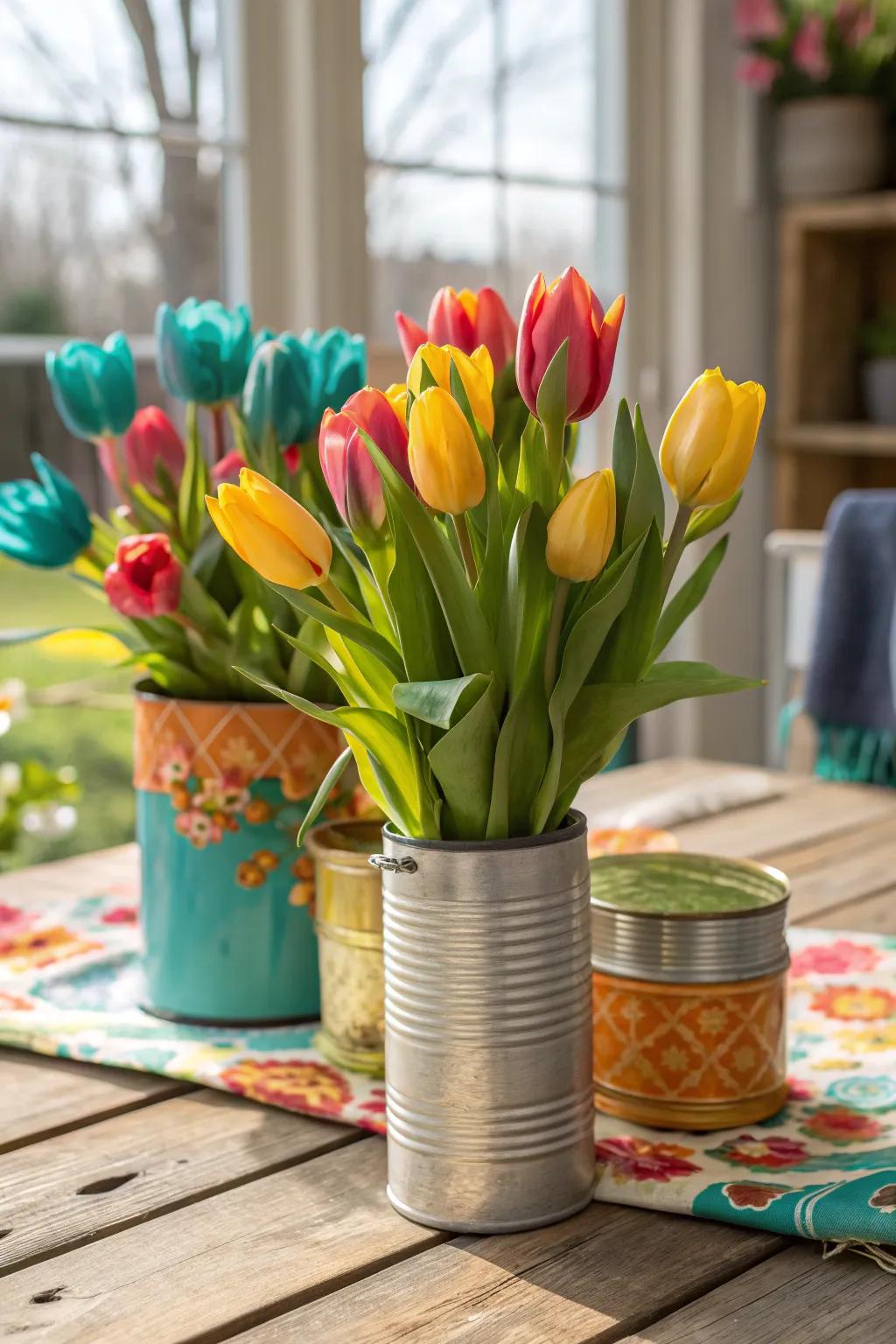 Add a quirky touch with tulips in vintage tins for eclectic style.